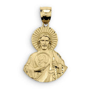 14k yellow gold matte San Judas half body pendant on a white background.