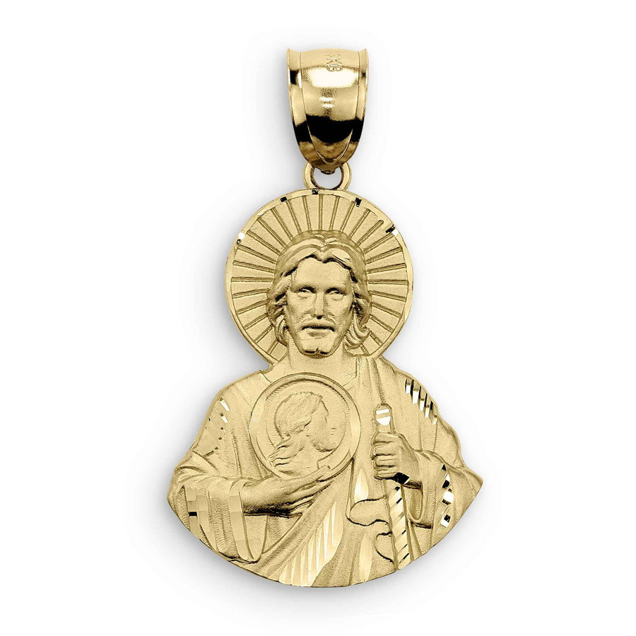14k yellow gold matte San Judas half body pendant on a white background.
