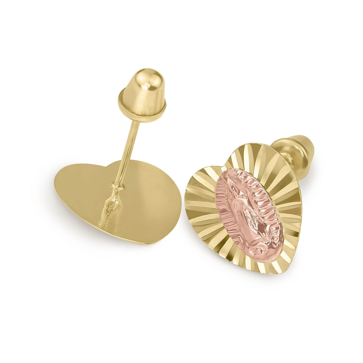 Front and back view of 14k yellow and rose gold Guadalupe heart stud earrings