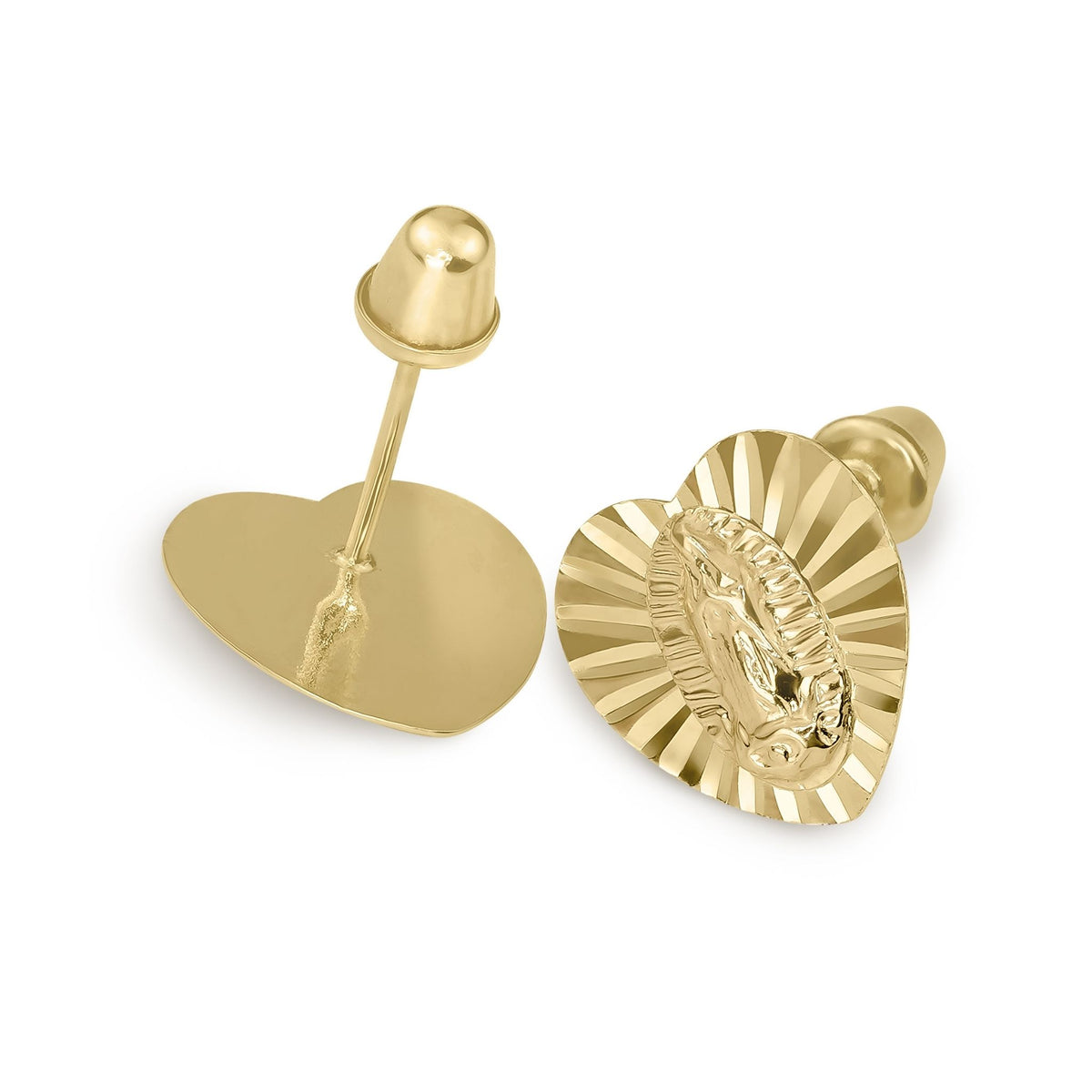 Front and side view of 14k gold Guadalupe heart stud earrings with screw back.