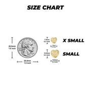 Size chart comparing X-Small and Small Guadalupe heart stud earrings to a US quarter.