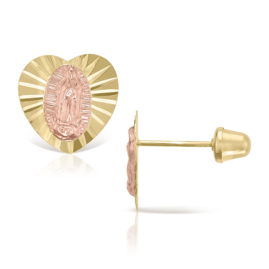 Front and side view of 14k yellow and rose gold Guadalupe heart stud earrings.