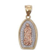 Front view of a 14k two-tone gold Virgin Mary Guadalupe oval pendant isolated on white background.