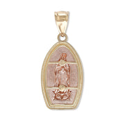 Rear view of a 14k gold Virgin Mary Guadalupe pendant showing horizontal bar accents.