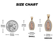 Size chart graphic showing 14k gold Virgin Mary Guadalupe pendant sizes next to a quarter.