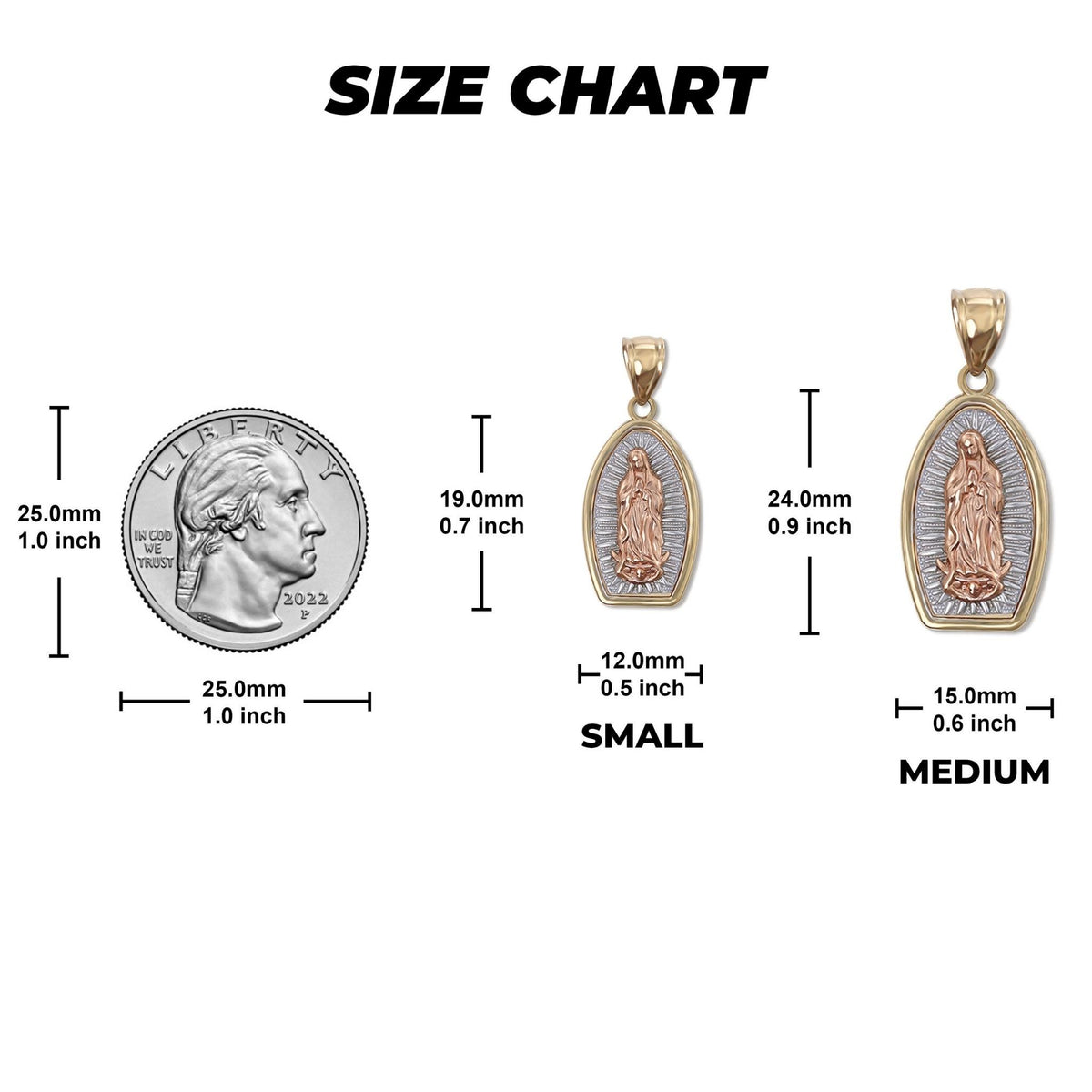 Size chart graphic showing 14k gold Virgin Mary Guadalupe pendant sizes next to a quarter.