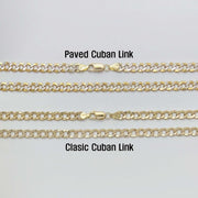 Comparison of paved and classic 14k gold Cuban link chains with text labels.