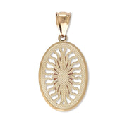 Back view of a 14k gold Virgin Mary Guadalupe pendant isolated on white background