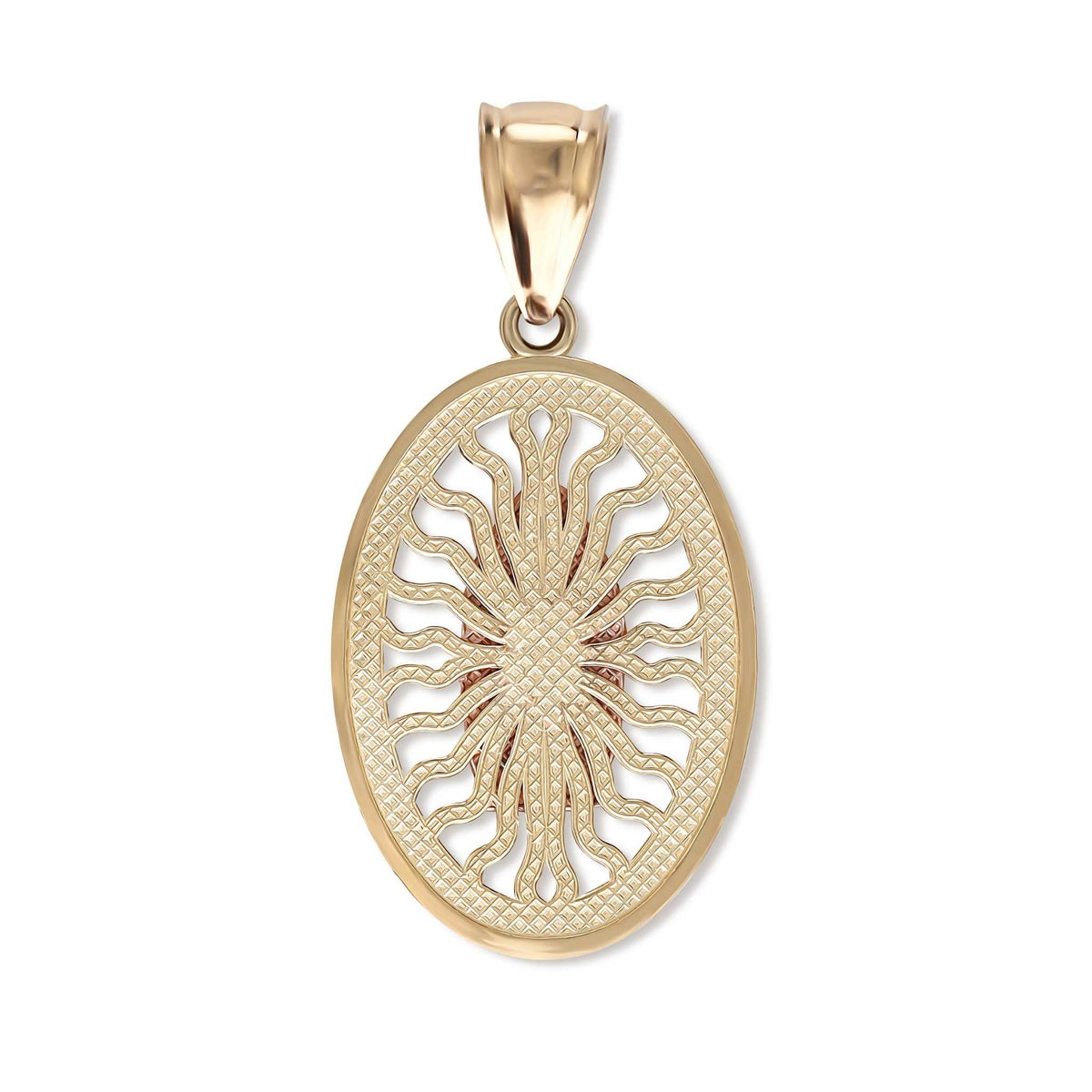 Back view of a 14k gold Virgin Mary Guadalupe pendant isolated on white background