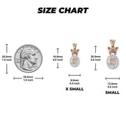 Size chart for tri-color gold Quinceanera pendants compared to a US quarter.