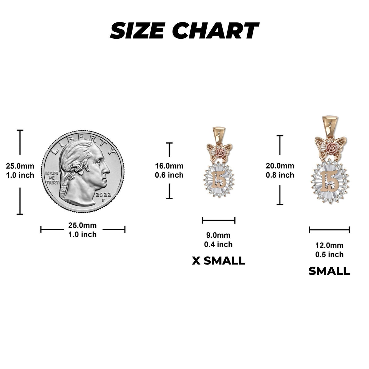 Size chart for tri-color gold Quinceanera pendants compared to a US quarter.
