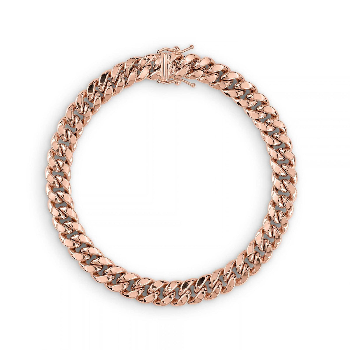 Solid 14k rose gold Miami Cuban link bracelet arranged in a circular shape.