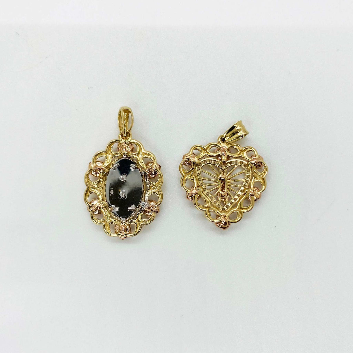 Back side view of 14k solid tri-color gold San Judas oval and heart pendant necklace.