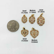 Size comparison of five 14k gold Saint Jude pendants next to a US quarter.