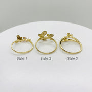 Three 14k gold butterfly ring back view  labeled Style 1, Style 2, and Style 3