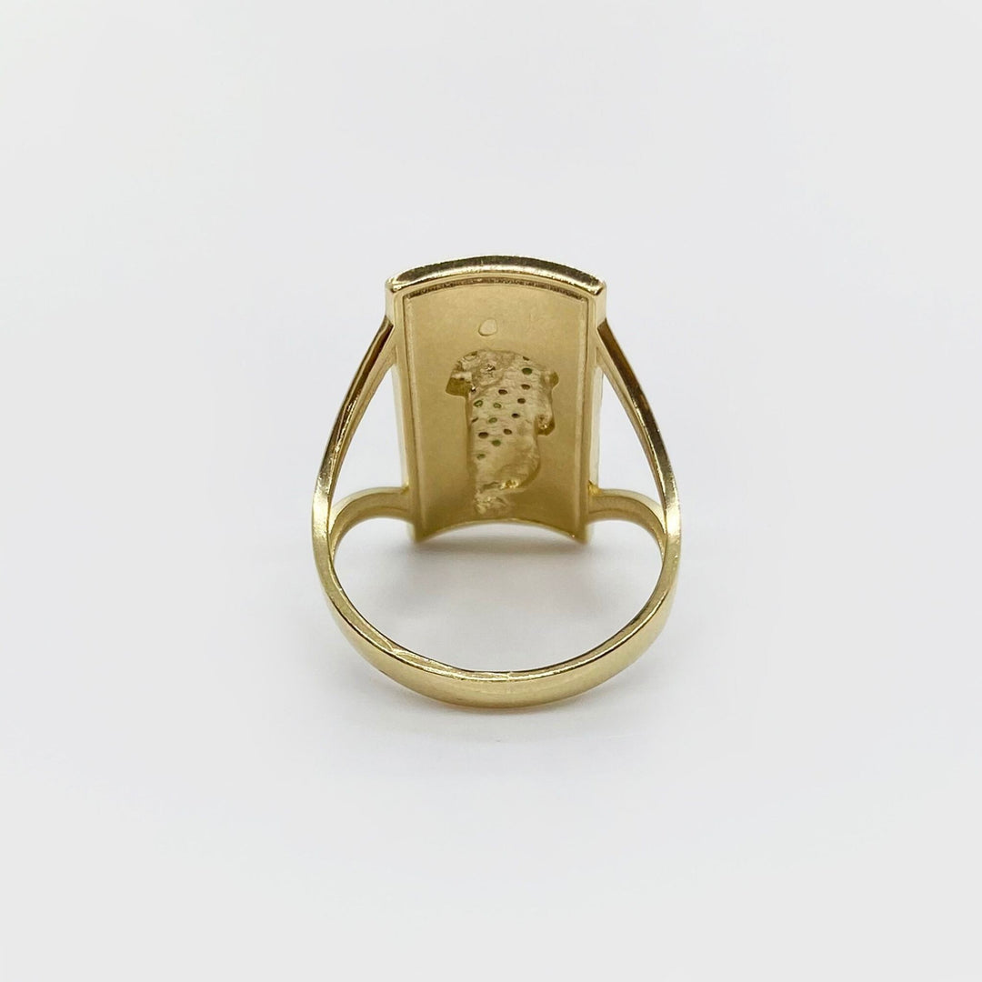 14k Gold ring with saint jude design back view on a white background.