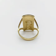 14k Gold ring with saint jude design back view on a white background.