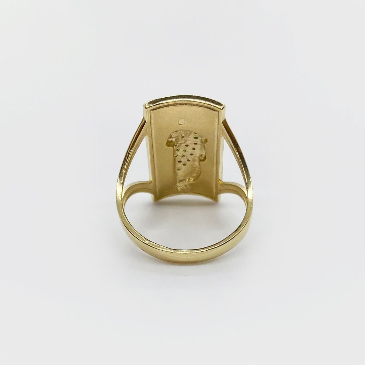14k Gold ring with saint jude design back view on a white background.