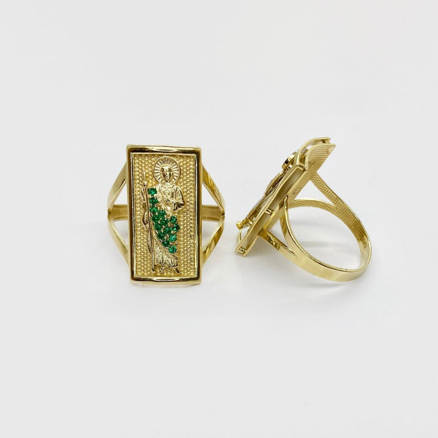 14k Gold rectangular ring with San Judas Green color design.