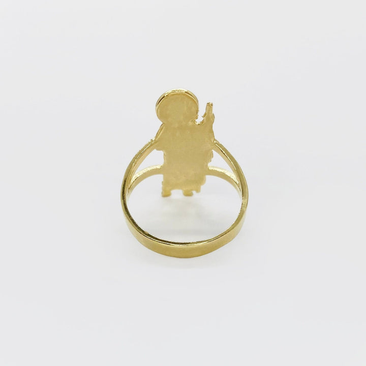 14k Gold ring with a Saint Jude
design back view on a white background 