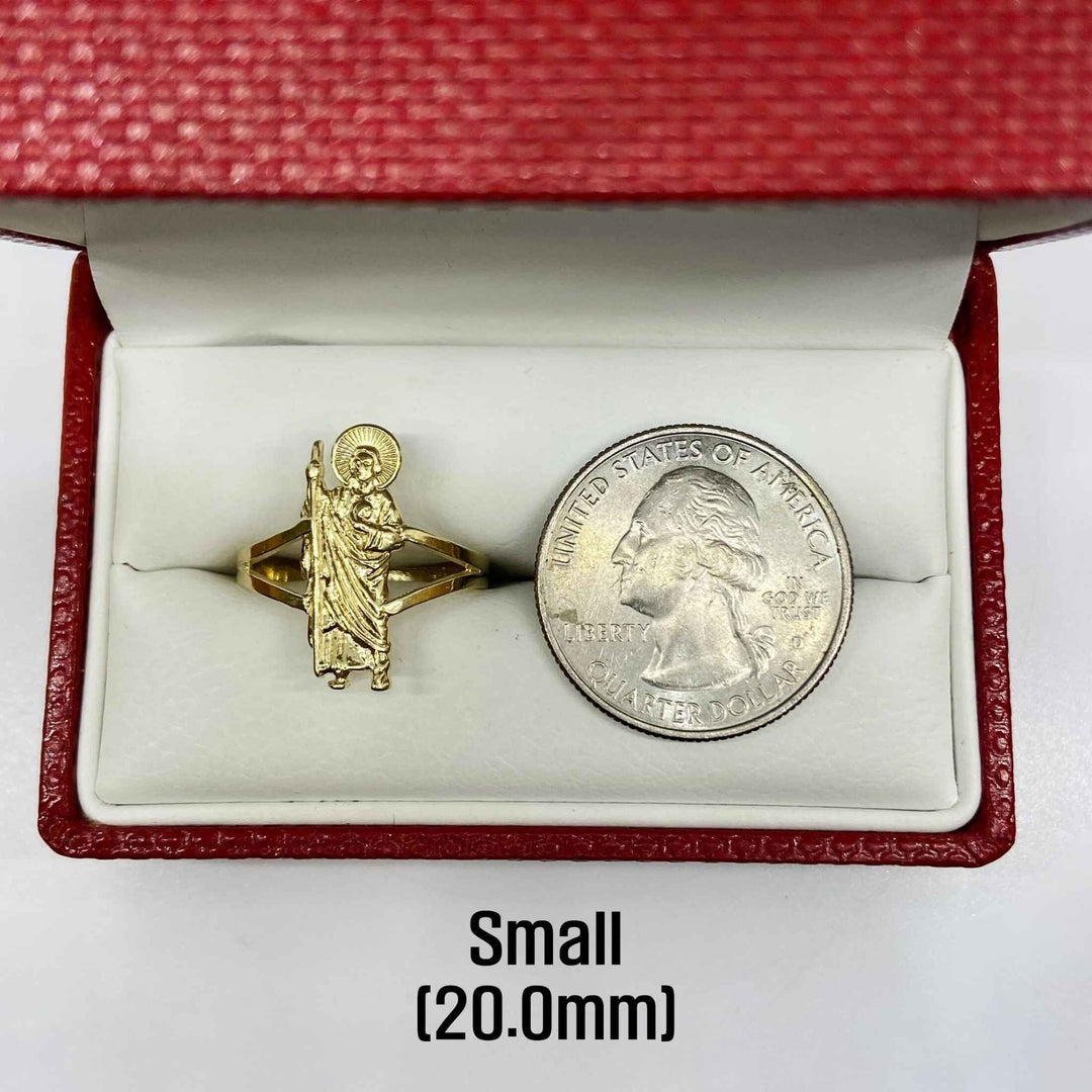 14k Gold ring with a Saint Jude design and a silver coin for comparison