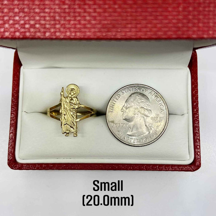 14k Gold ring with a Saint Jude design and a silver coin for comparison