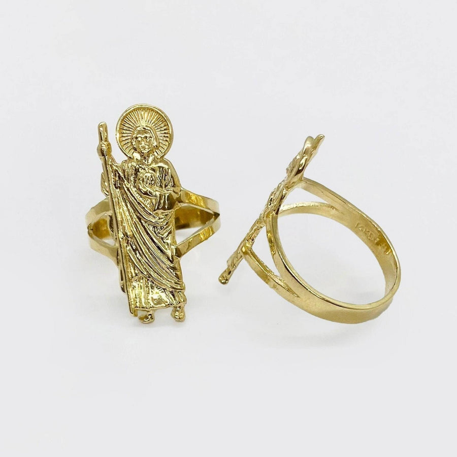 Two 14k gold rings with Saint Jude designs on a white background