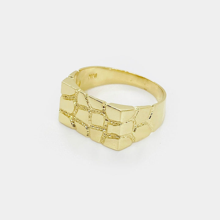 14k Gold nugget ring with textured design front view on a white background