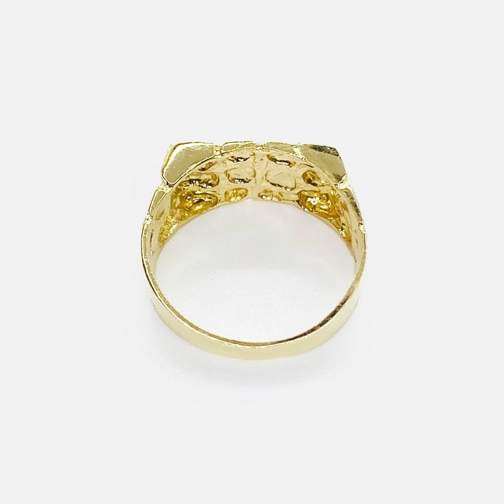 14k Gold nugget ring with a detailed design back view on a white background