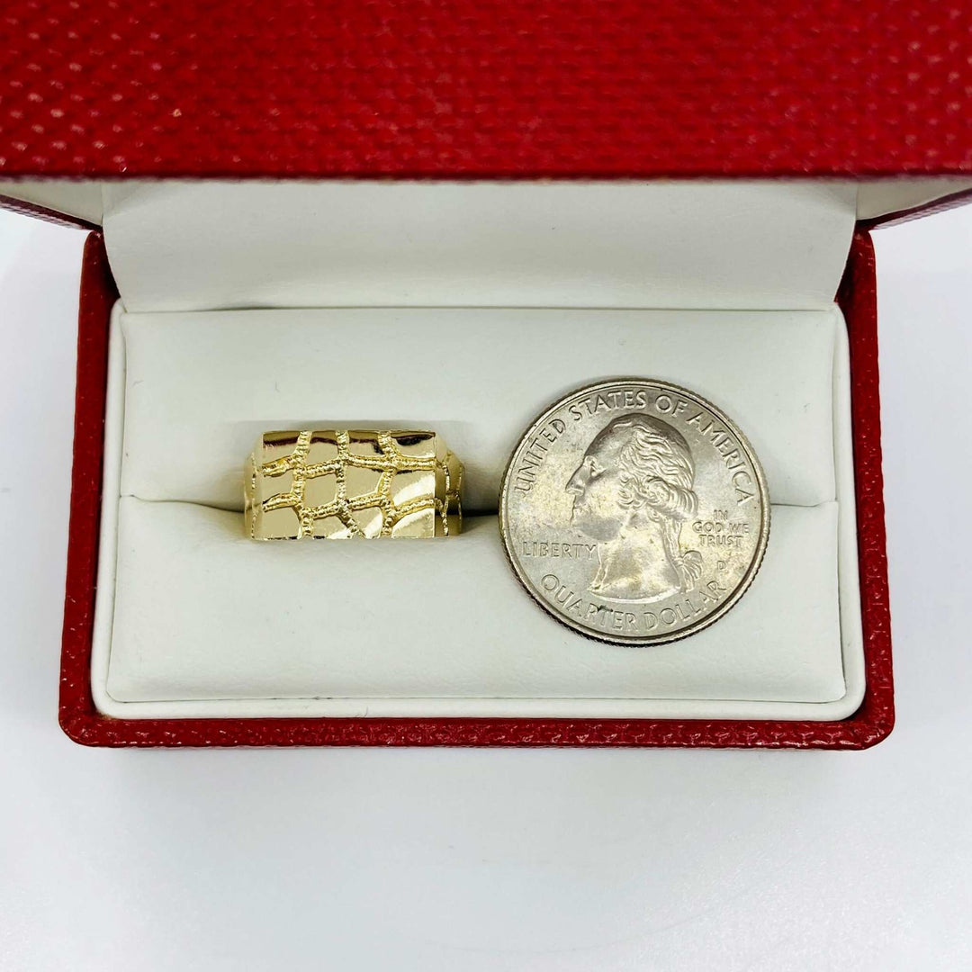 14k Gold nugget ring next to a quarter for reference in an open red jewelry box