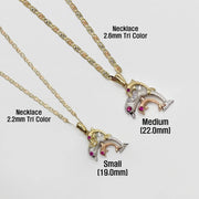 Small and medium 14k tri-color gold trio dolphin necklaces labeled with 2.2mm and 2.6mm chain options.