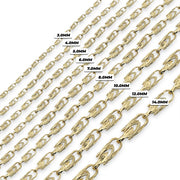 Size chart showing 14k gold Turkish link bracelets in widths from 3.0mm to 14.0mm.