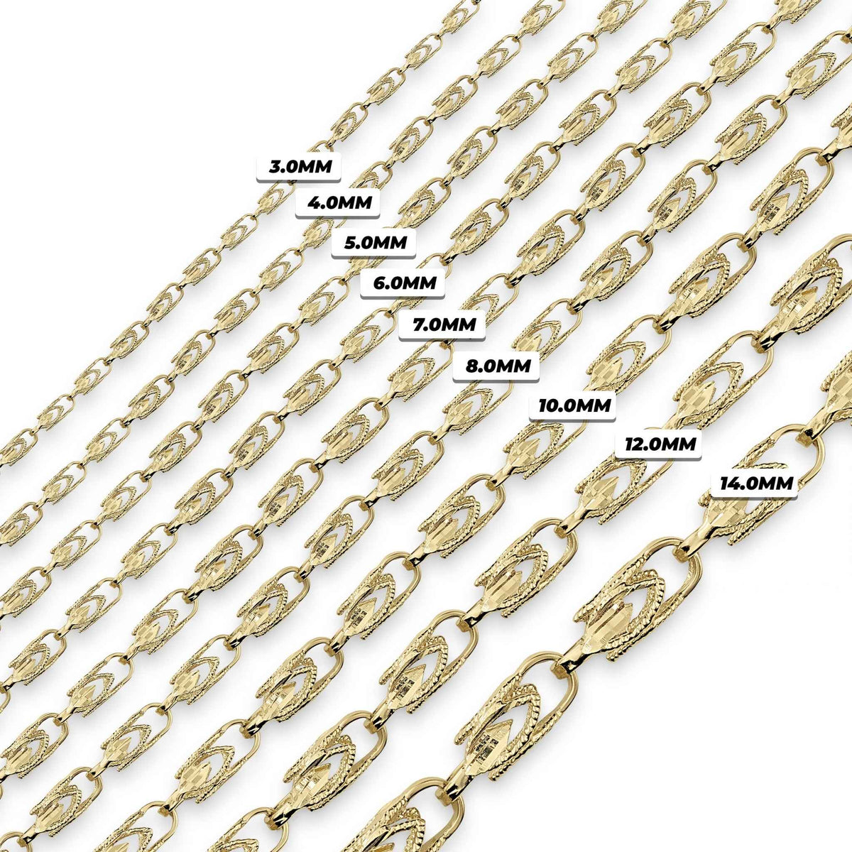 Size chart showing 14k gold Turkish link bracelets in widths from 3.0mm to 14.0mm.