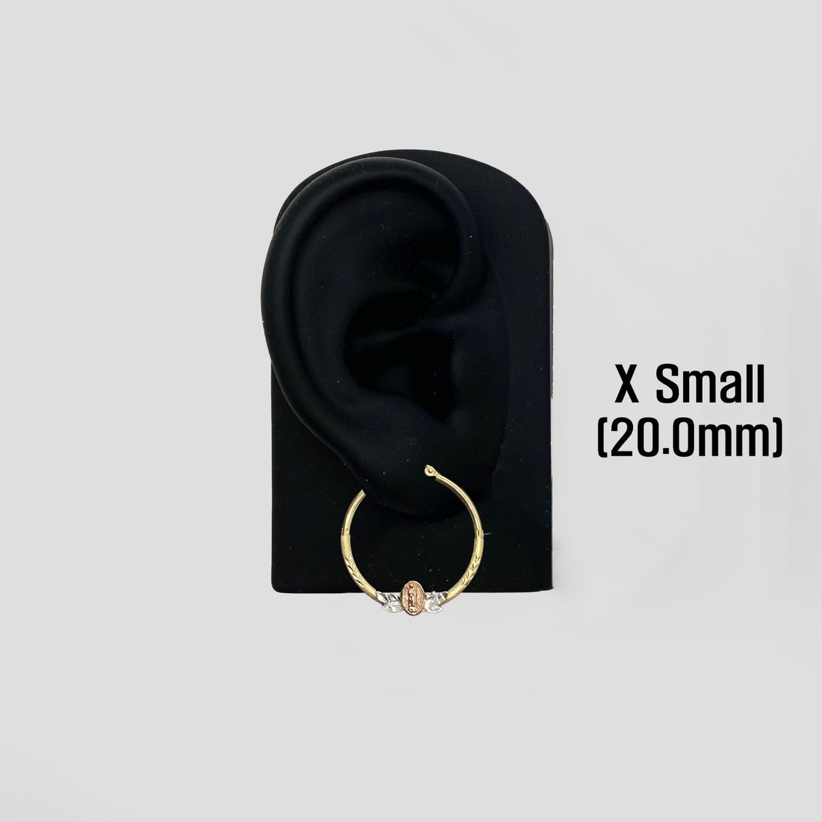 20.0mm 14k gold Virgin Mary hoop earring displayed on a black mannequin ear stand.