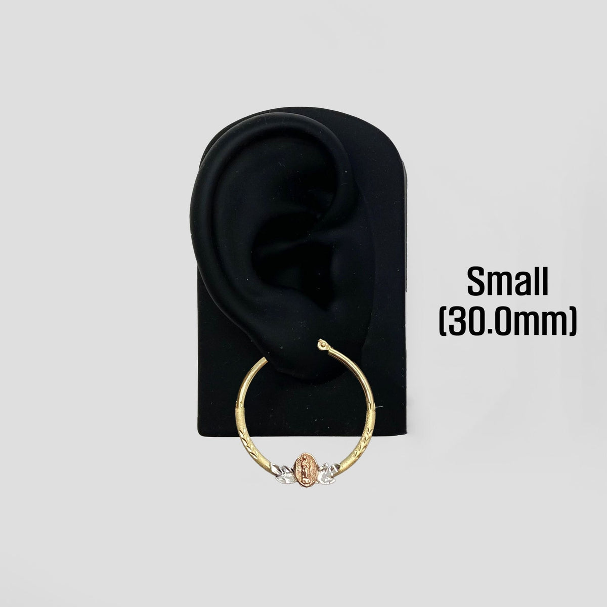 30.0mm 14k gold Virgin Mary hoop earring displayed on a black mannequin ear stand.