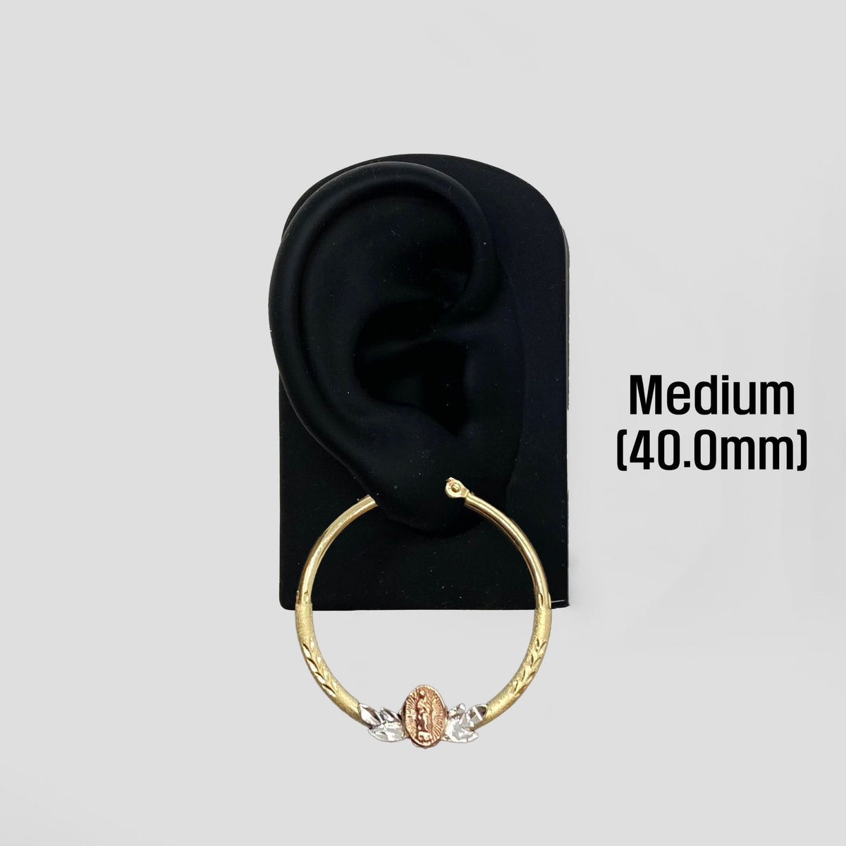 40.0mm 14k gold Virgin Mary hoop earring displayed on a black mannequin ear stand.