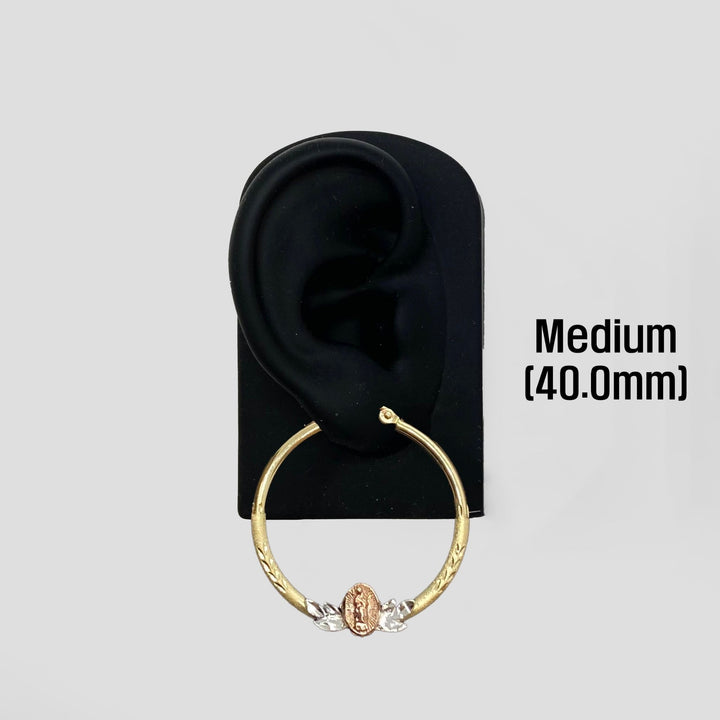 40.0mm 14k gold Virgin Mary hoop earring displayed on a black mannequin ear stand.