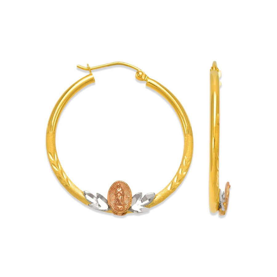14k gold hoop earrings featuring a Virgin Mary medal and delicate floral leaf accents.