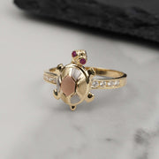 14k tricolor gold turtle ring with cubic zirconia accents
