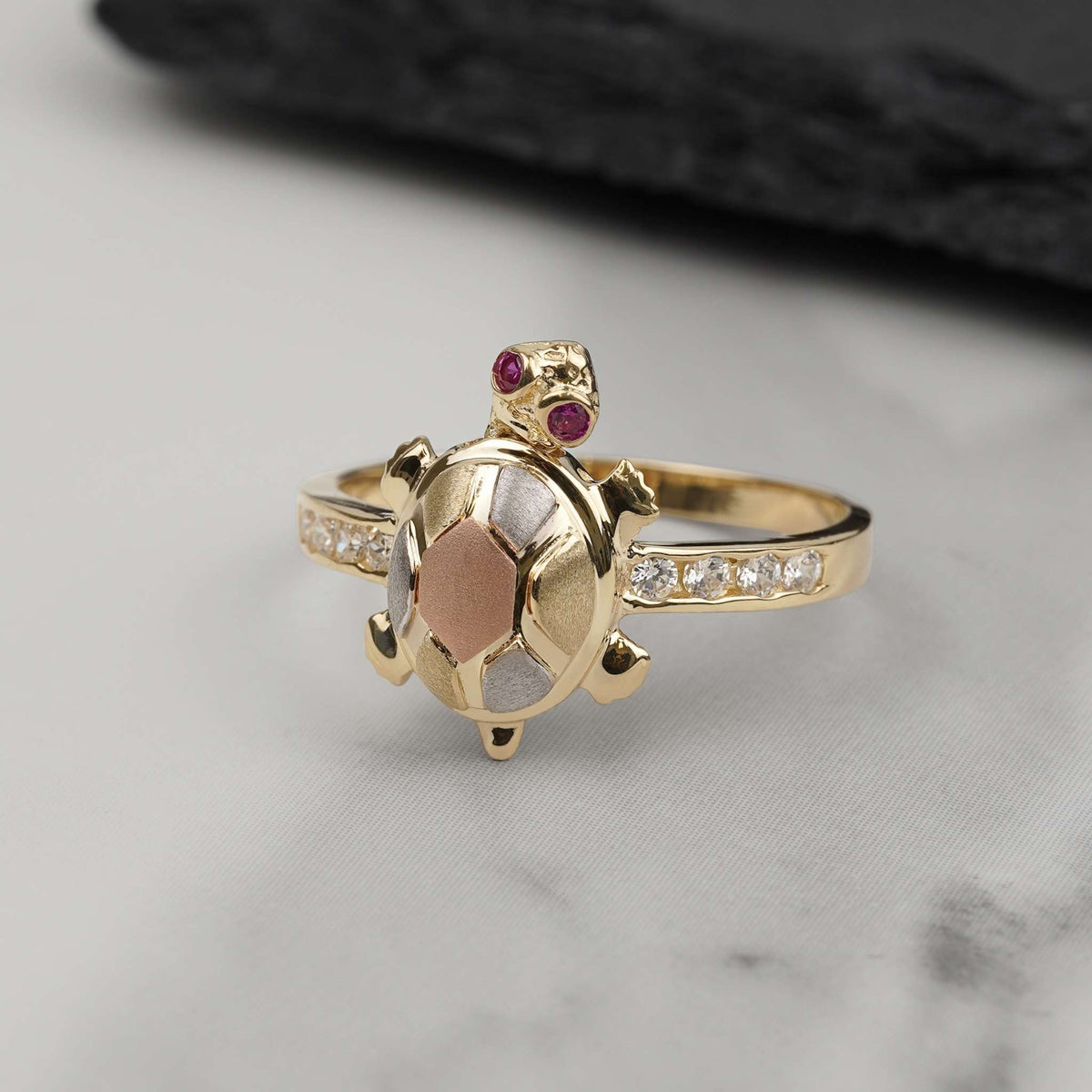 14k tricolor gold turtle ring with cubic zirconia accents