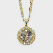 14k gold tri-color Virgin Mary round pendant necklace on a chain.