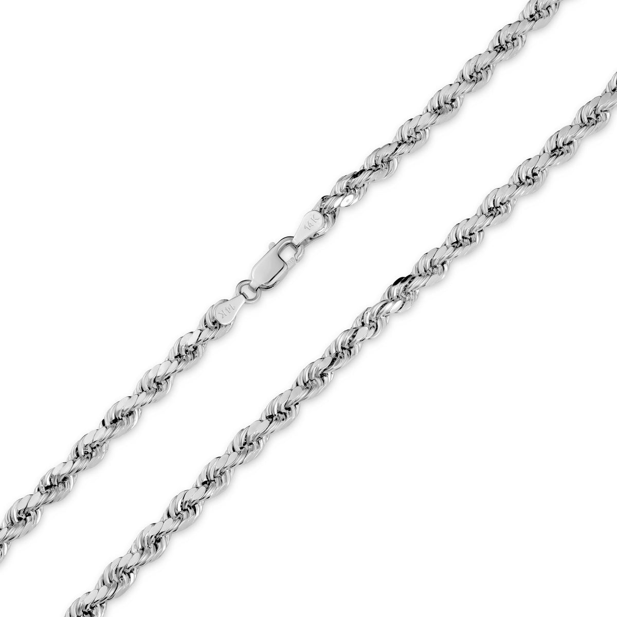 Close-up of 14k white gold classic diamond-cut solid rope chain showing lobster clasp.