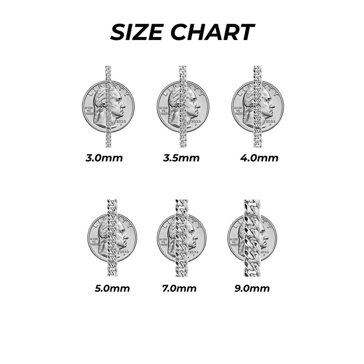 Size chart for white gold chain pendants with measurements in millimeters.