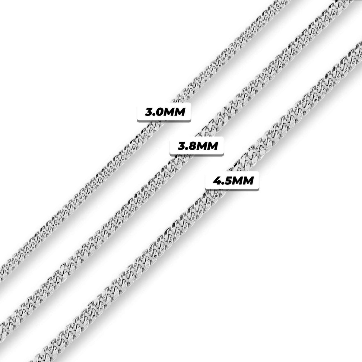 Three white gold chains of different thicknesses labeled on a white background