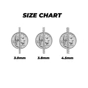 14k white gold classic Miami Cuban bracelet size guide with coin comparison dimensions.