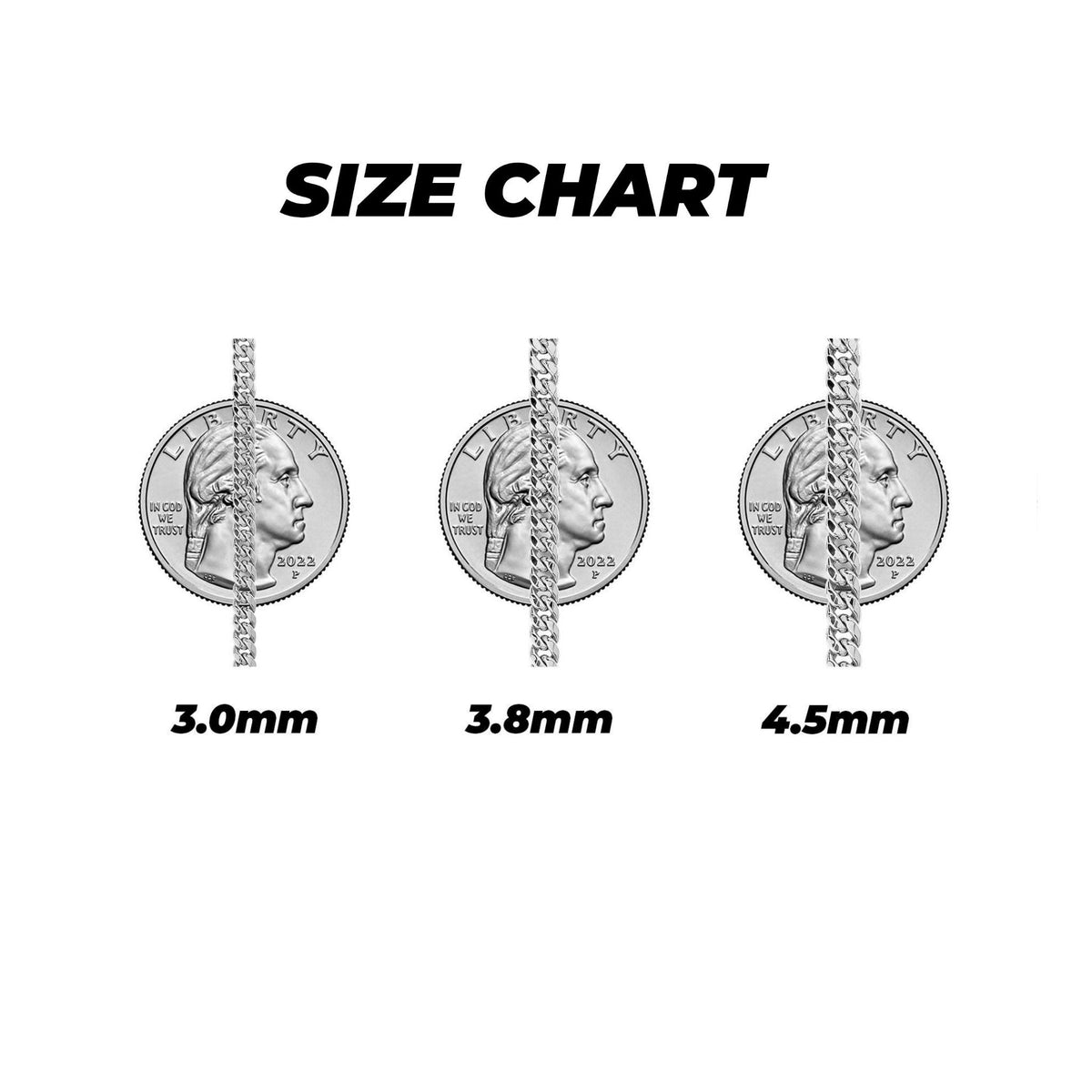 14k white gold classic Miami Cuban bracelet size guide with coin comparison dimensions.