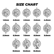 Size chart comparing various millimeter thicknesses of 14k white gold rope chains to a quarter