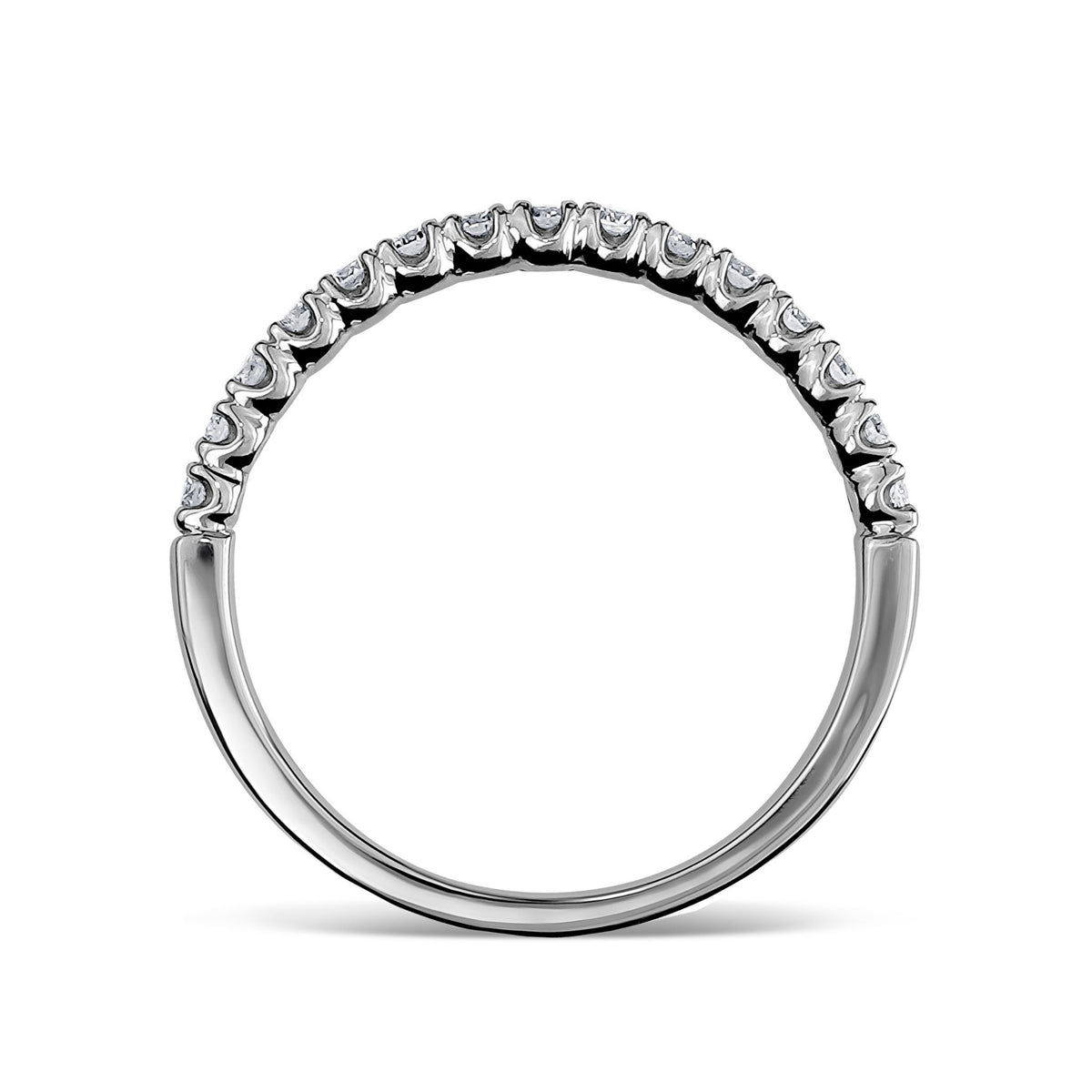Single white gold pavé diamond wedding ring on a white background.
