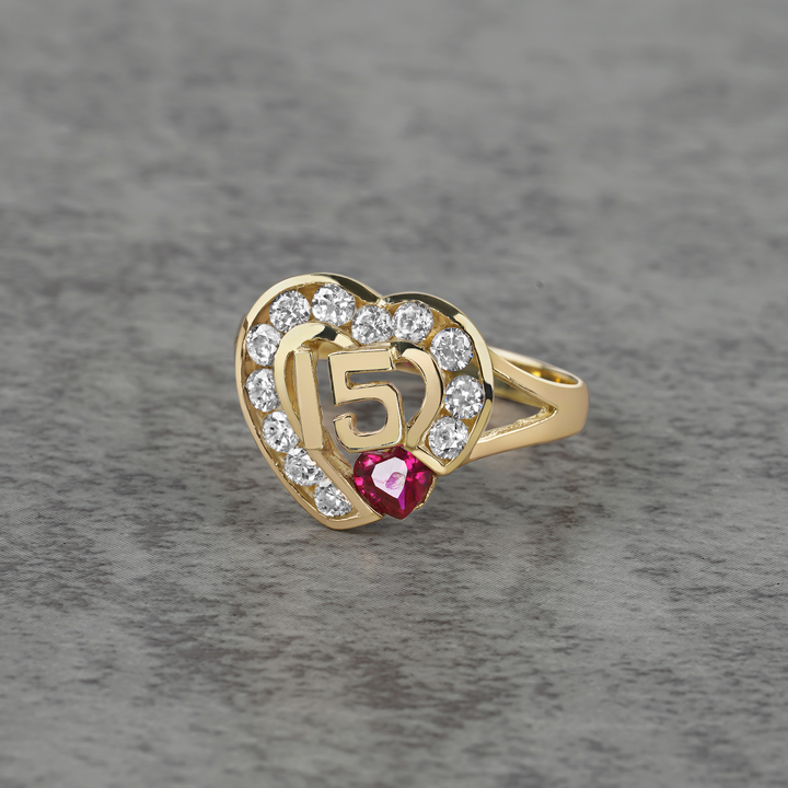 10k & 14k Solid Gold Quinceanera Heart Birthstone CZ Ring