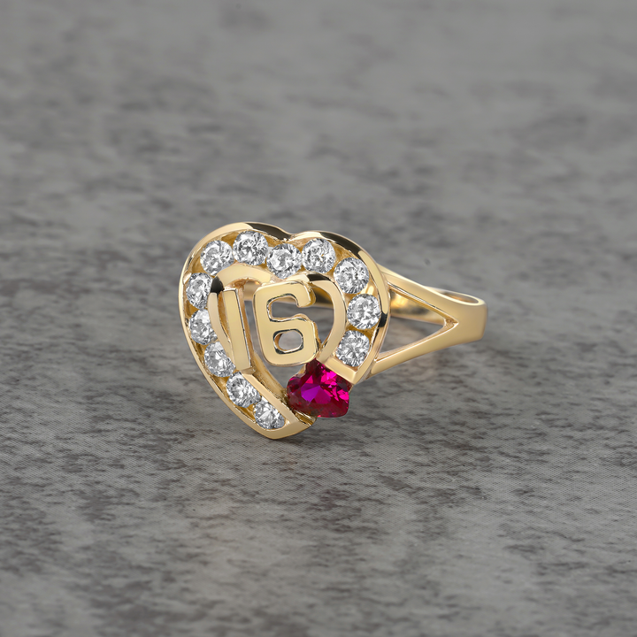 10k & 14k Solid Gold Sweet 16 Heart Birthstone CZ Ring